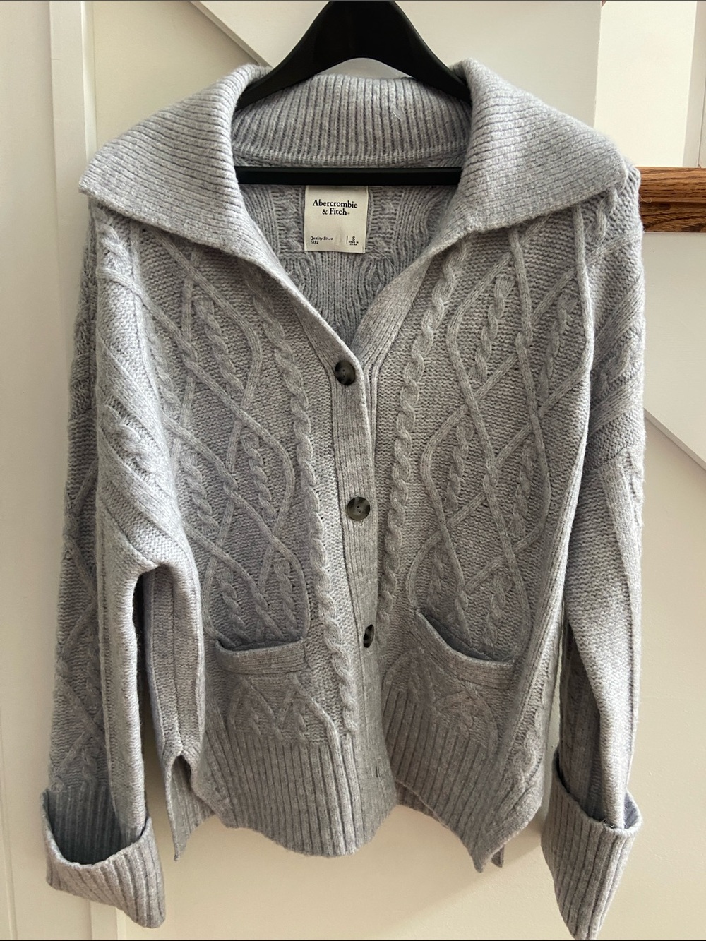Abercrombie & Fitch Light Gray Cable-Knit Shawl Collar Cardigan